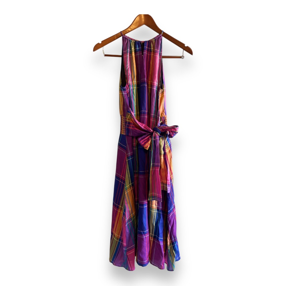 Ann Taylor Rainbow Madras Plaid Halter Dress Smocked Back Multi 2 NWT